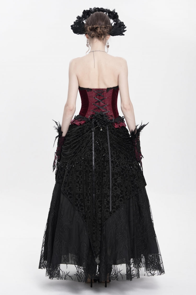 Crimson Gothic Overbust Corset with Beaded Lace and Lace-Up Back