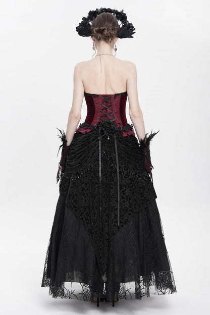 Crimson Gothic Overbust Corset with Beaded Lace and Lace-Up Back