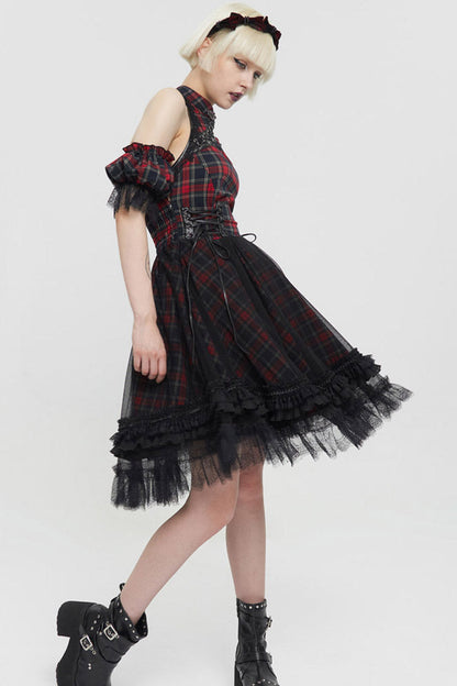 Crimson & Charcoal Punk Off-Shoulder Tartan Mandarin Collar Flared Hem Dress
