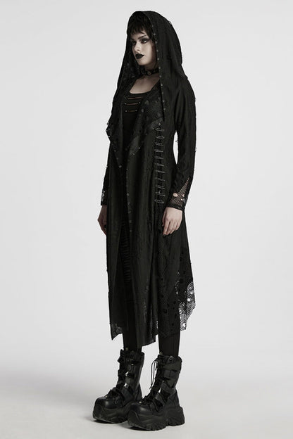 Ebony Long-Sleeve Hooded Sheer Ripped Gothic Coat