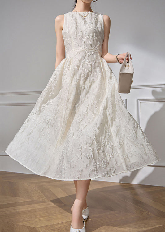 High White Dresses Waist O-Neck Sleeveless Jacquard Long Cotton