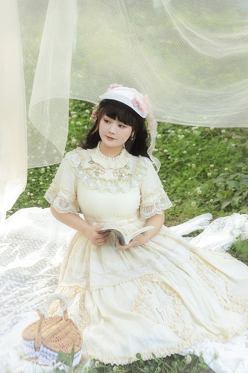Plus Size Sweet Lolita OP Gown with Floral Embroidery, Lace Cross & Round Collar