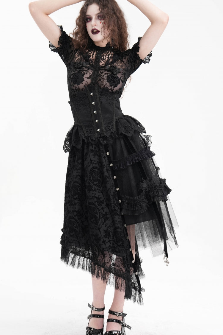 Gothic Luxurious Asymmetric Pleated Skirt with Black Jacquard Cut-Out Lace