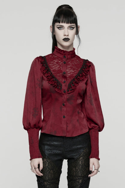 Crimson High-Neck Gothic Ruffled Blouse with Puffed Sleeves and Lace