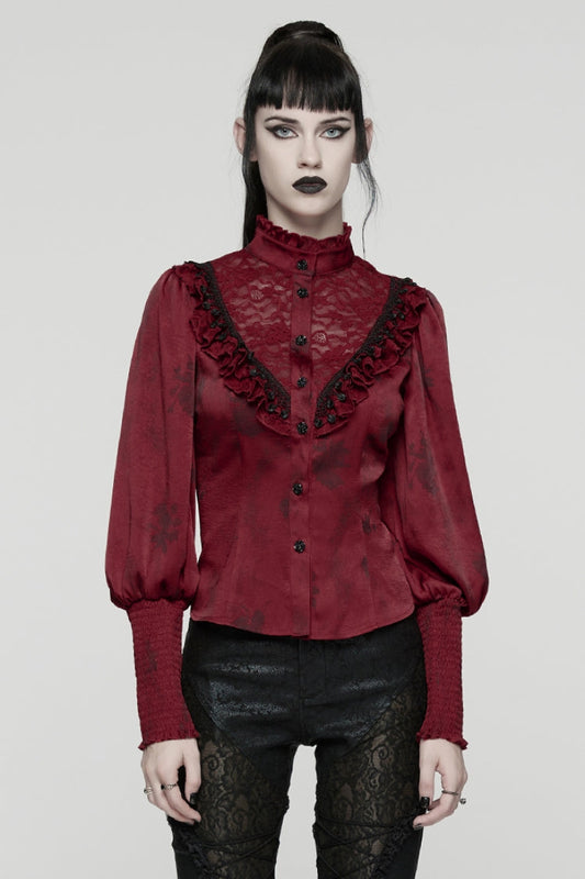 Crimson High-Neck Gothic Ruffled Blouse with Puffed Sleeves and Lace