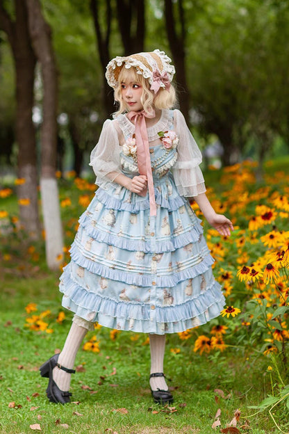 Multi-Layer Ruffle Sweet Elegant Lolita JSK Dress with Rabbit Dance Print - 4 Colors