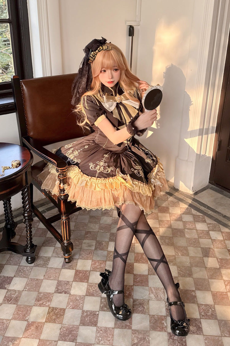 Ebony Short-Sleeve Double-Layered Embroidered Bow Gothic Dress - Gilded Oath