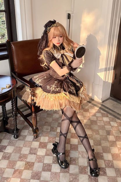Ebony Short-Sleeve Double-Layered Embroidered Bow Gothic Dress - Gilded Oath