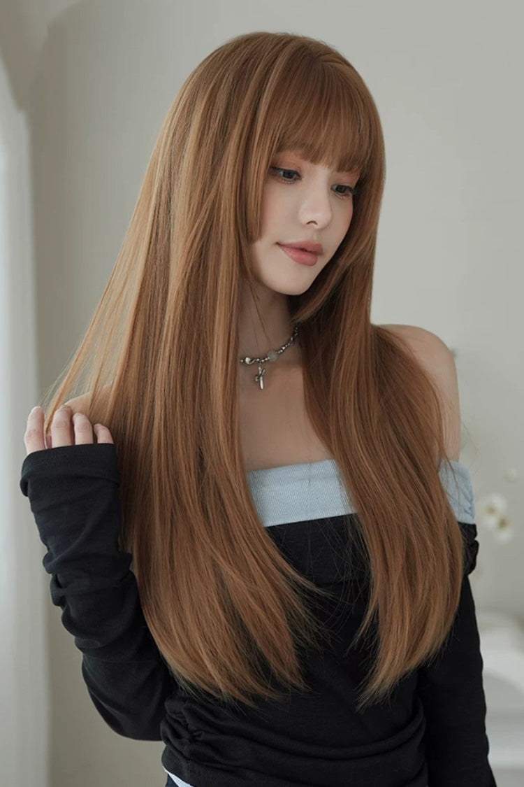 Korean Idol Face-Framing Hime Cut Long Straight Wig with Full Bangs in Mocha Mousse