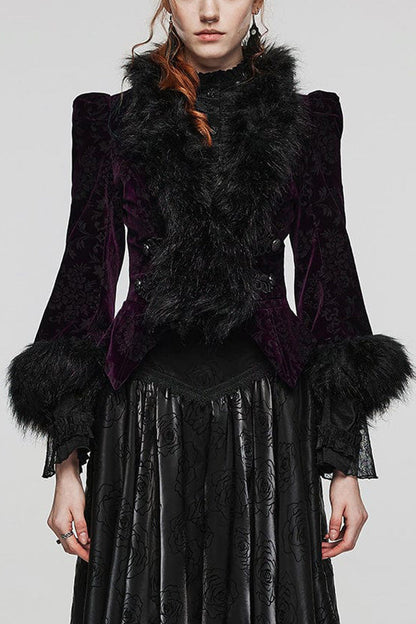 Women's V-Neck Long Sleeve Faux Fur Stitch Gothic Coat Four Shades