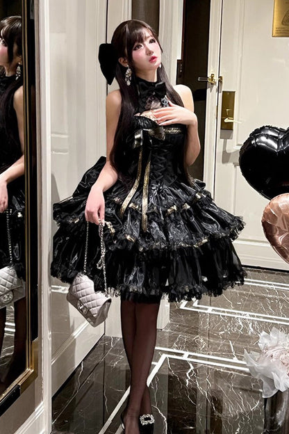 Gothic Princess Dress with Halterneck and Triple Ruffle Lace in Black
