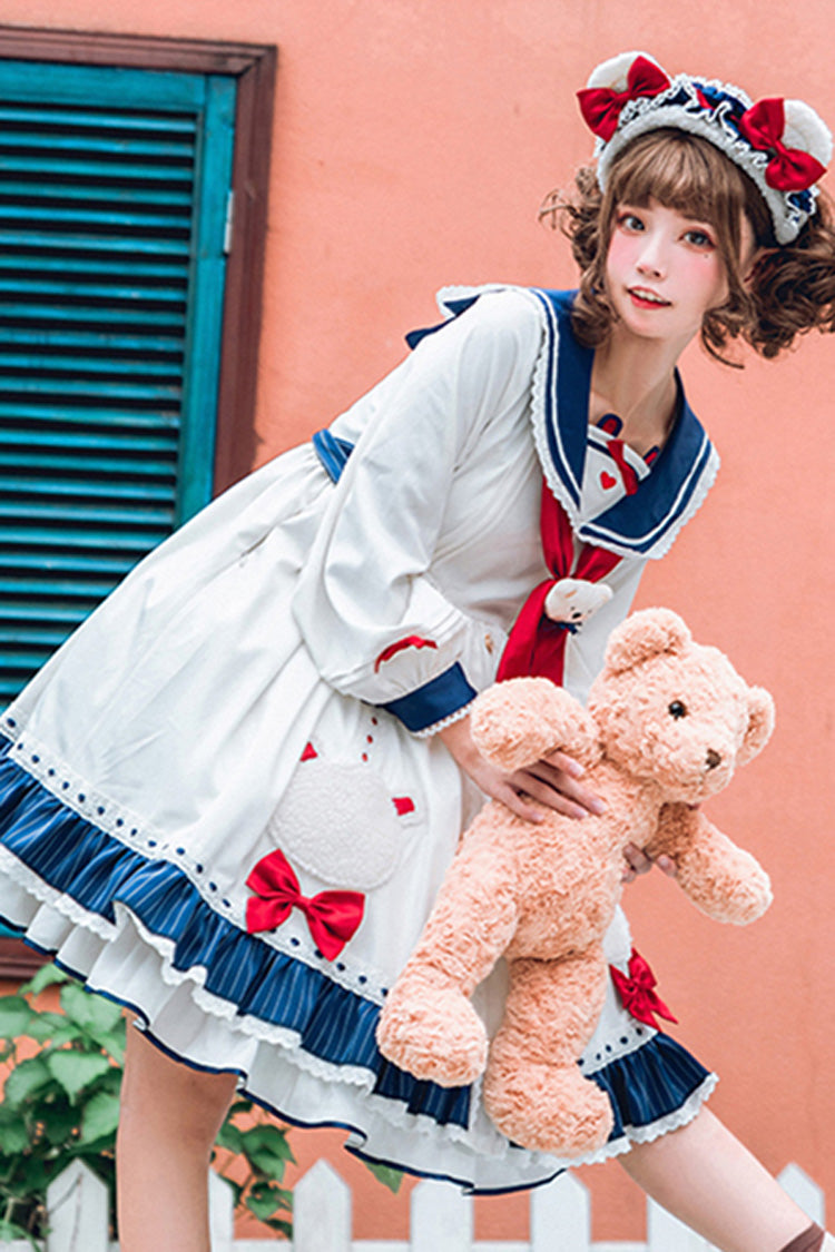 Ivory Navy Collar Chiffon Sea Bear Print Bow Ruffled Sweet Lolita OP