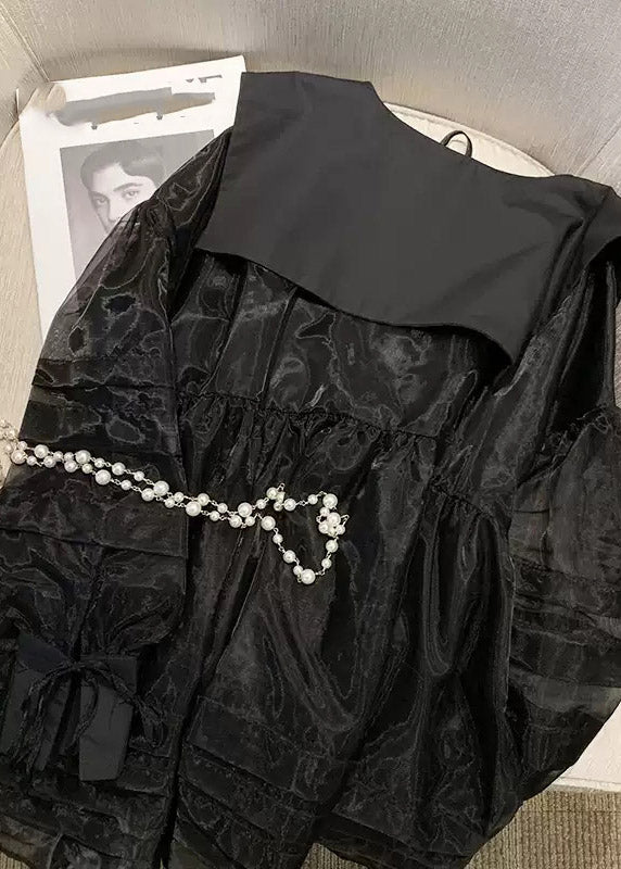 Long Neck Mid V Dresses French Tulle Patchwork Black Sleeve