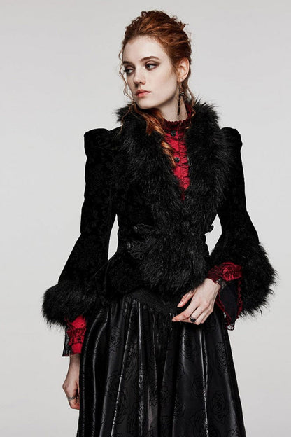 Women's V-Neck Long Sleeve Faux Fur Stitch Gothic Coat Four Shades