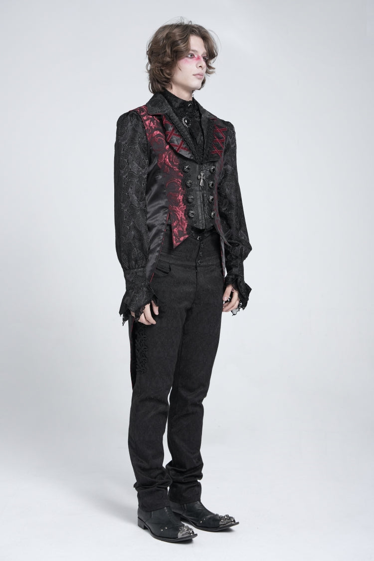 Crimson & Obsidian Sleeveless Lace-Up Zipper Swallow-Tailed Vest
