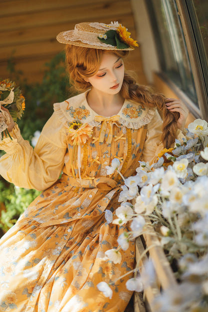 Emerald Sleeveless Sunflower Ruffle Bow Sweet Lolita Jumper Dress