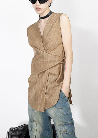 Stilvolles braunes Tanktop aus Seide und Baumwolle mit V-Ausschnitt und Schnürung, ärmellos EE056