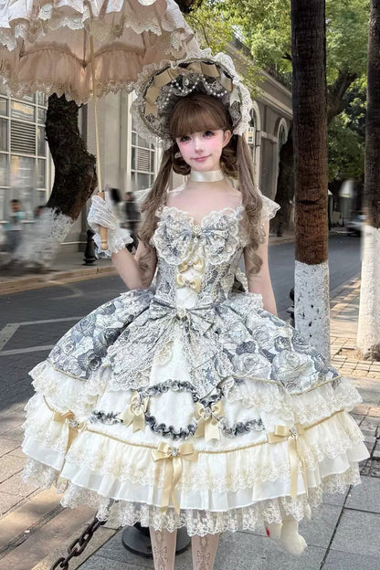 Ebony Square-Neck Printed Embroidered Bow Lace Sweet JSK - Gilded Waltz