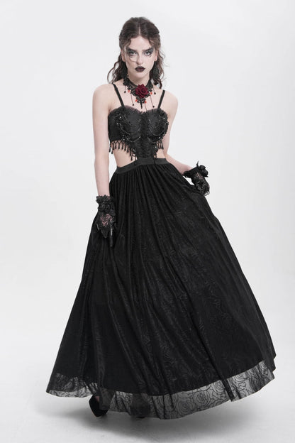 Women's Gothic Party Slip Dress with Floral Embroidery and Lace Ripped in Black Jacquard