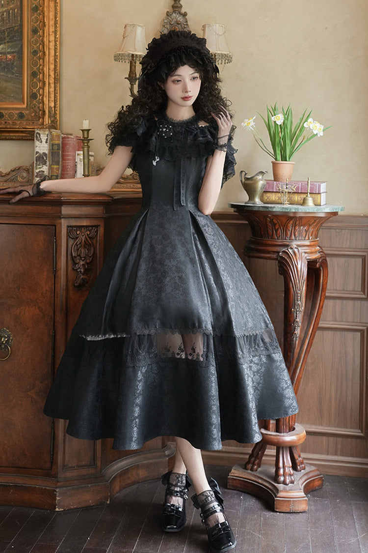 Elegant Lolita Dress with Off-Shoulder Neckline and Ruffle Print in Black