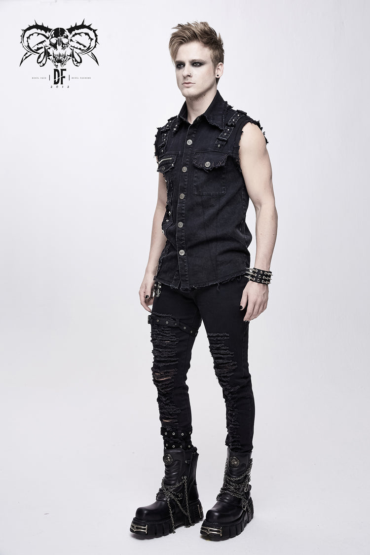 Men's Punk Waistcoat with Faded Finish, Bullet Clip and Rivet Details