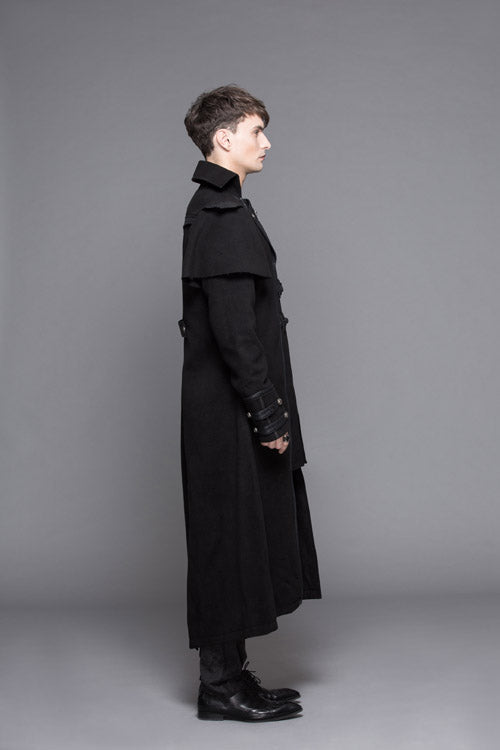Men's Gothic Long Coat with High Collar, Woollen Fabric and Faux Two-Piece Cut