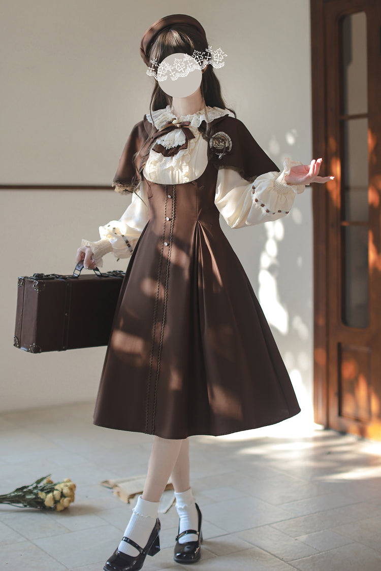 Sunset Academy Vintage College Lolita Dress with Ruffle Bowknot - Long Sleeves