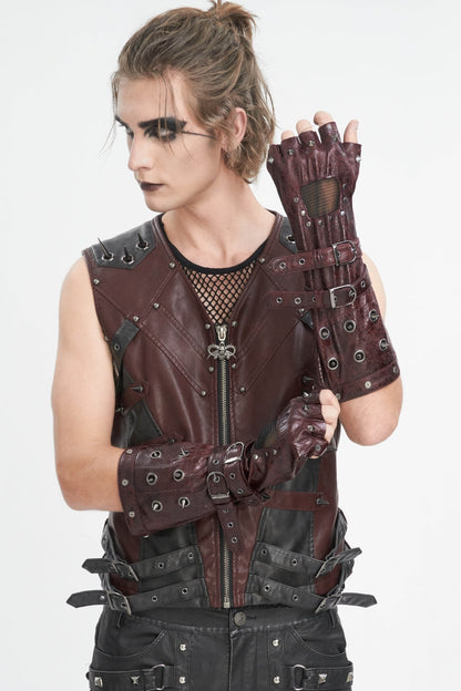 Crimson Punk Half-Finger Gloves with Mesh, Studs, and Buckles