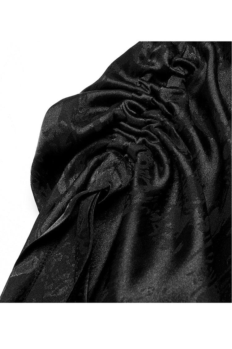 Punk Cheongsam Dress in Black Jacquard Cotton with Pointed Hem and Drawstring