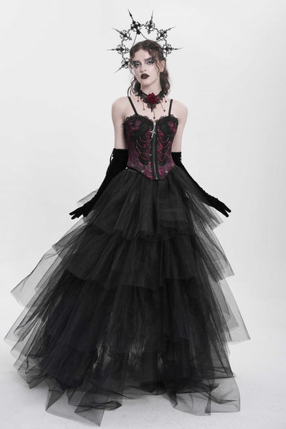 Crimson Gothic Vest with Embroidery Lace and Chain Details