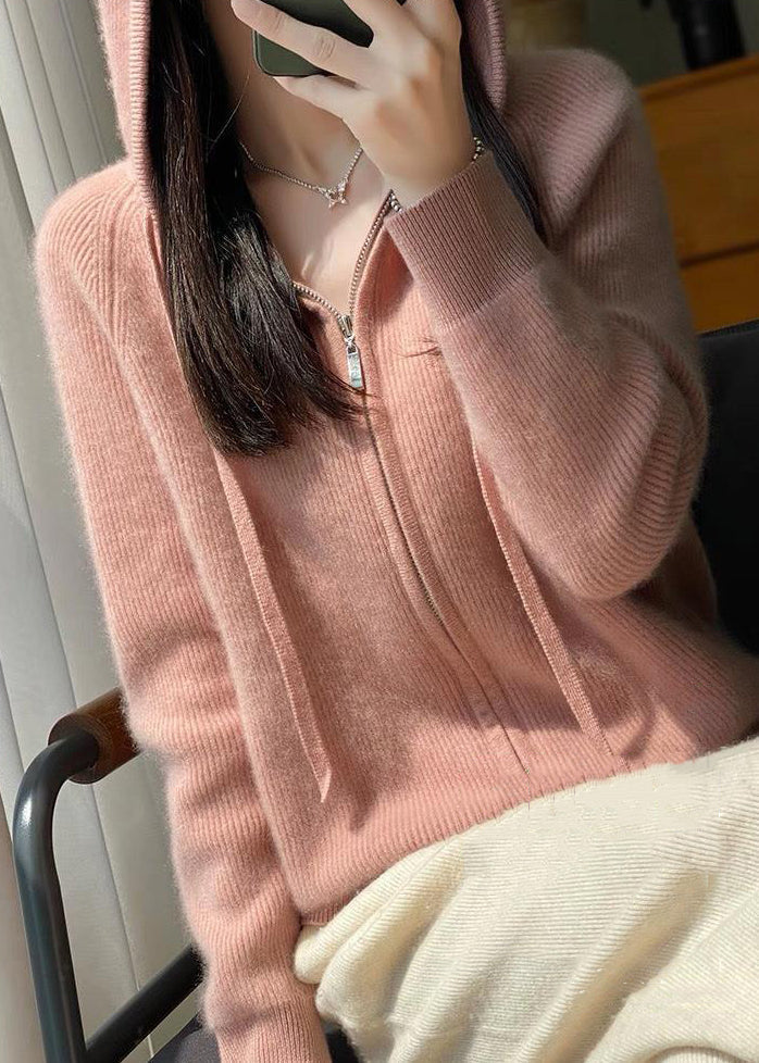 Elegant Pink Hooded Zip Up Wool Knit Coat Fall QX034