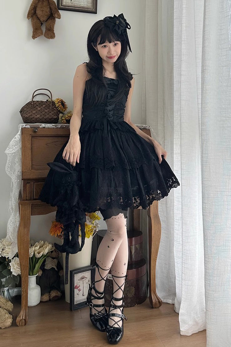 Ebony Embroidered Bow Lace-Up Slim Suspender Top - Forest Waltz