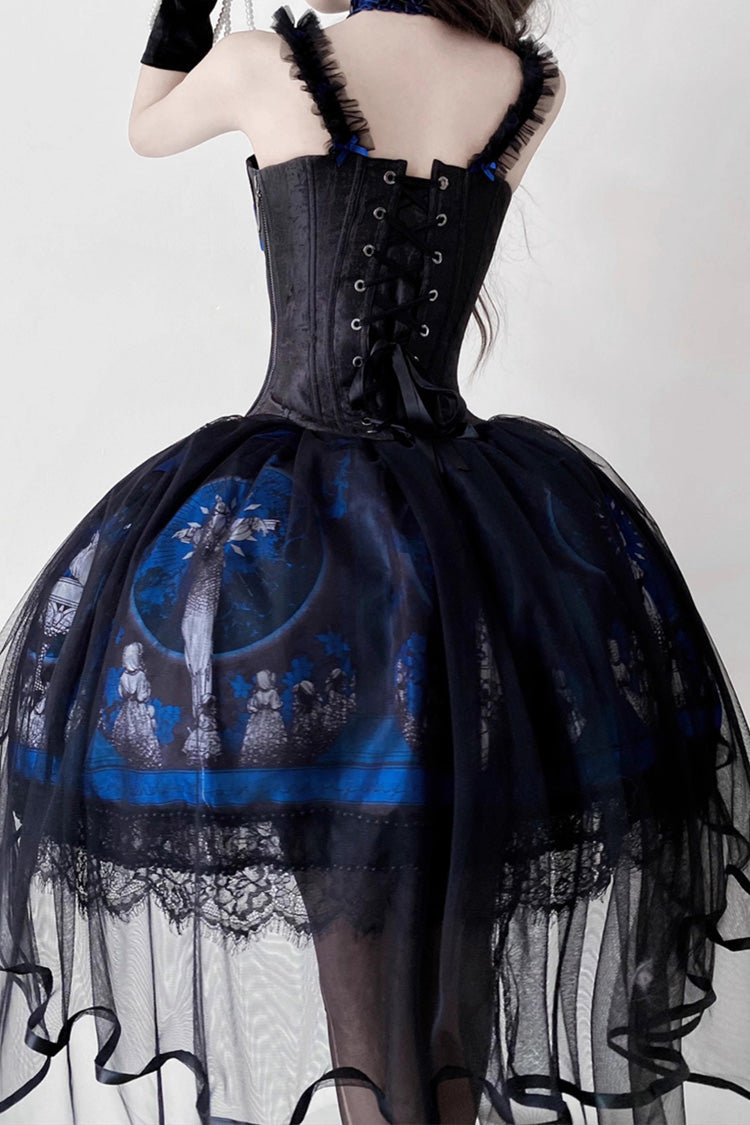 Azure Dark Moon Corridor Print Embroidery Gothic Lolita Gown Skirt