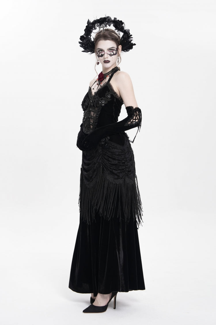 No-Sleeve Floral Lace-Up Pleated Gothic Maxi Gown