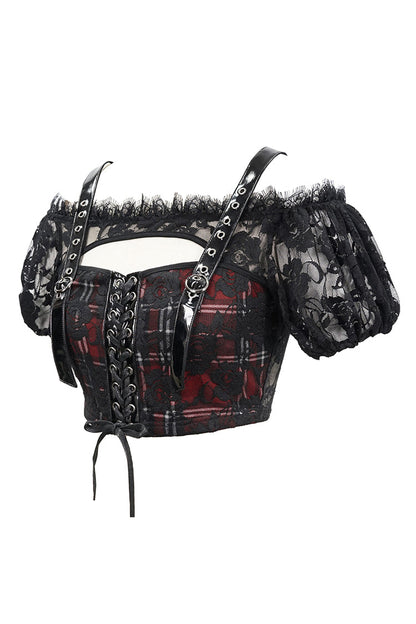 Crimson & Obsidian Scottish Plaid Off Shoulder Bright Leather Straps Lace Up Lace Punk T-Shirt