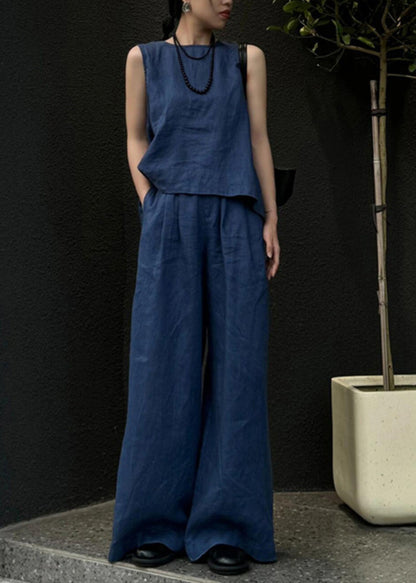 Women Blue Linen Vest And Wide Leg Pants Two Pieces Set Sleeveless AN1026