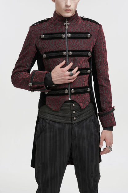 Crimson Vintage Gothic Jacket with Silk Collar and Cross Zipper