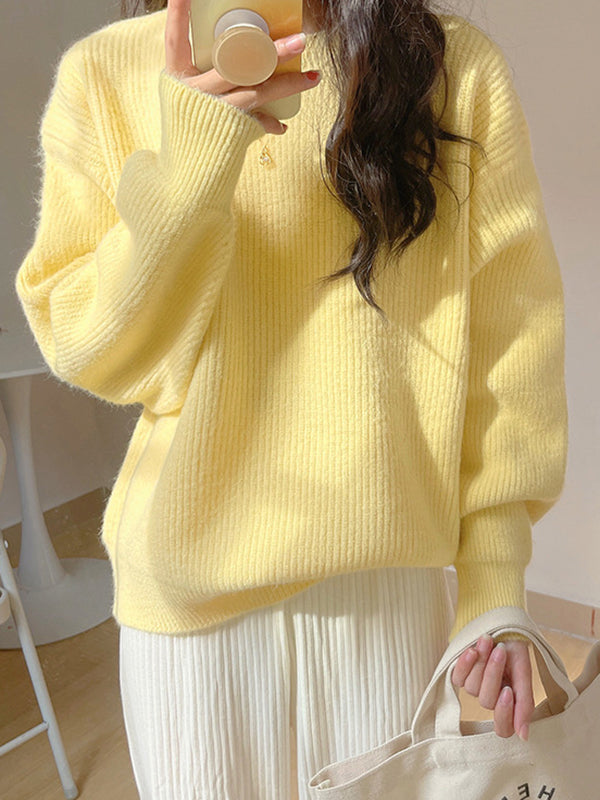 Cute Yellow Round-Neck Long Sleeve Sweater AN1041