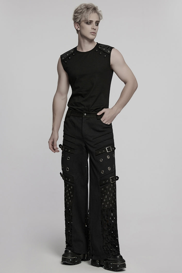 Men's Punk Straight Pants with Eyelet and Ripped Detailing