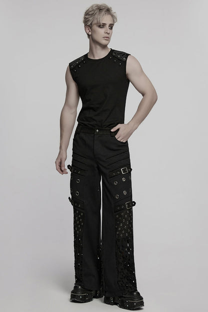 Men's Punk Straight Pants with Eyelet and Ripped Detailing