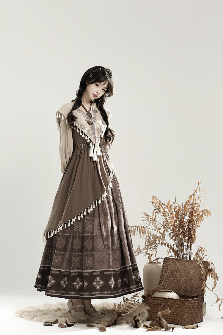 Mysterious Tribe Lantern Sleeve Chinese Style Lolita Dress - Asymmetric Ruffle