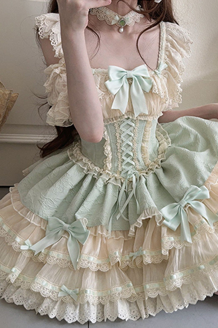 Emerald Double-Layer Ruffle Bow Lace Lace-Up Sweet Ballet Lolita Jumper Dress