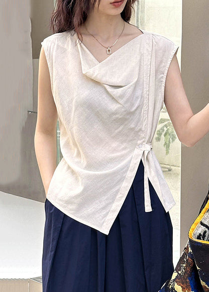 Beige Solid Cotton Blouse Tops Turtle Neck Sleeveless AF1044