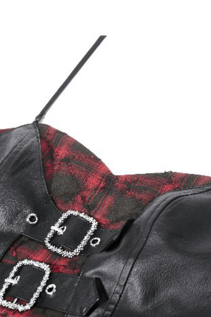 Crimson & Charcoal Tartan Leather Multi-Tier Ruffled Punk Sweetcore Slip Dress