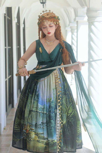 Emerald Grace Favor V-Neck Sleeveless Oil-Painting Printed JSK