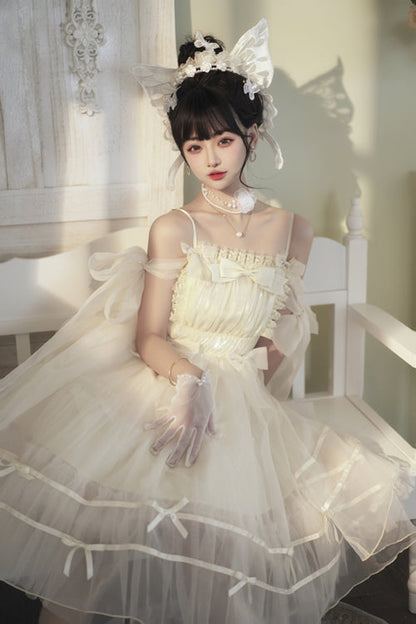Sweet Lolita JSK Gown with High Waist, Bow Accents & Chiffon Long Cut