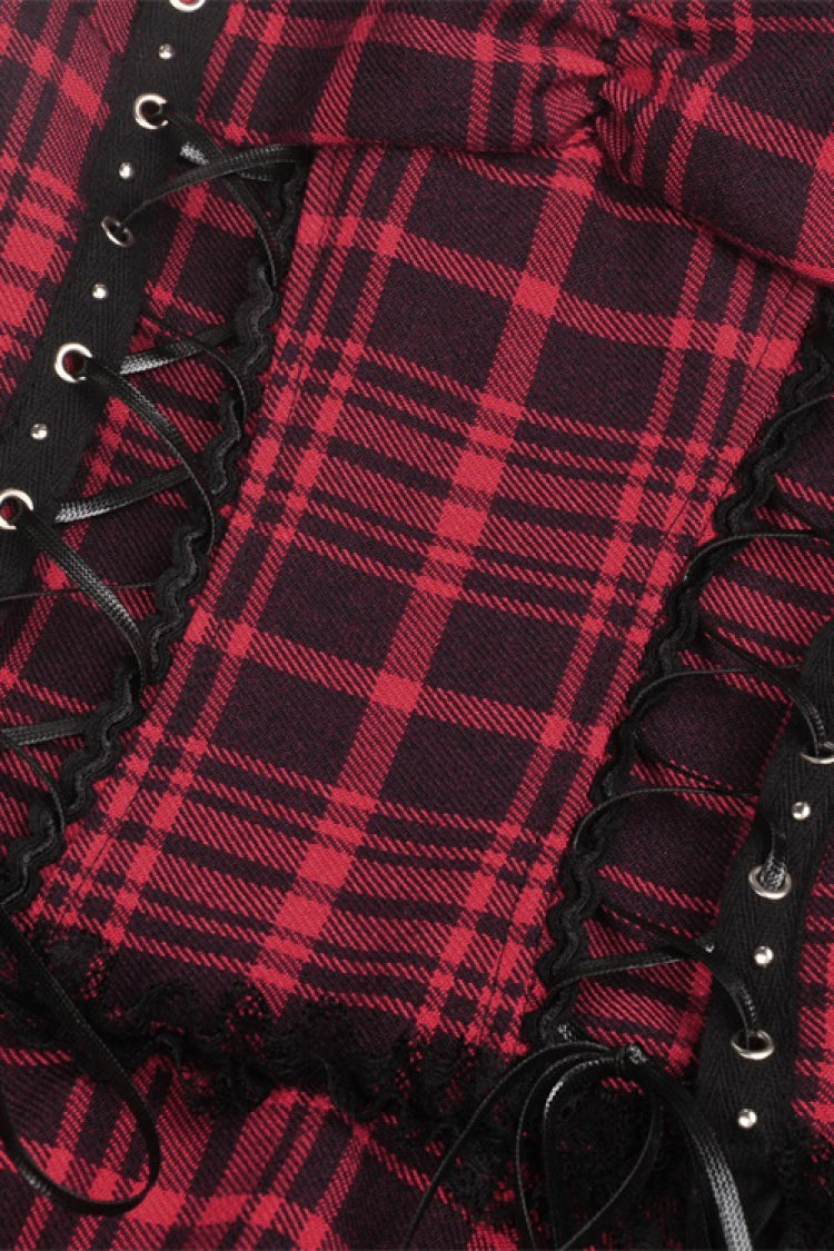Crimson Punk Mini Dress with Plaid Layers and Lace Trim