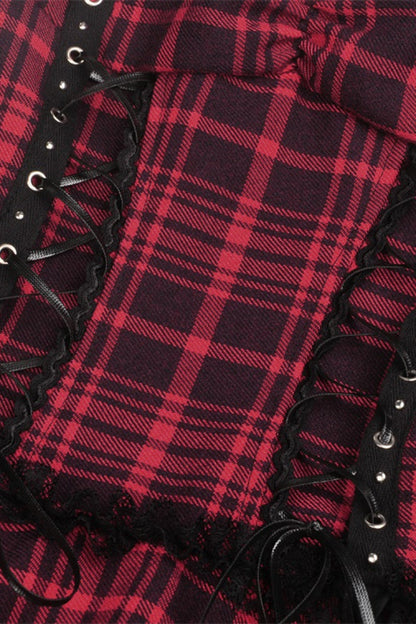 Crimson Punk Mini Dress with Plaid Layers and Lace Trim