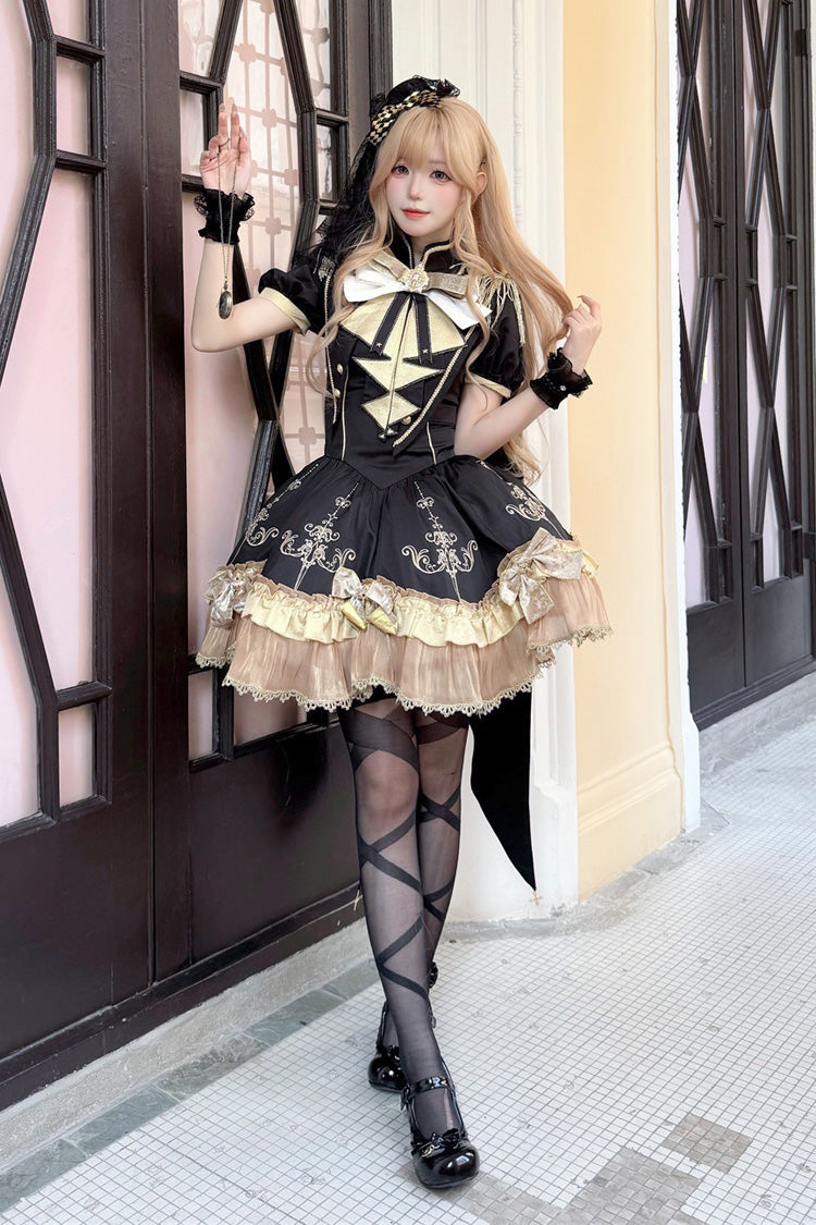 Ebony Short-Sleeve Double-Layered Embroidered Bow Gothic Dress - Gilded Oath