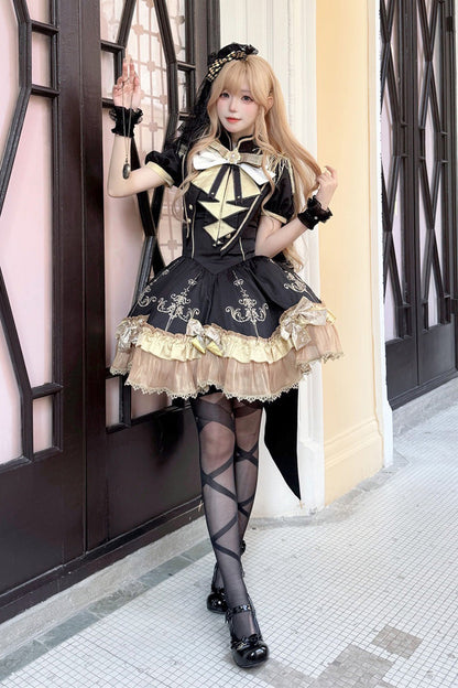 Ebony Short-Sleeve Double-Layered Embroidered Bow Gothic Dress - Gilded Oath